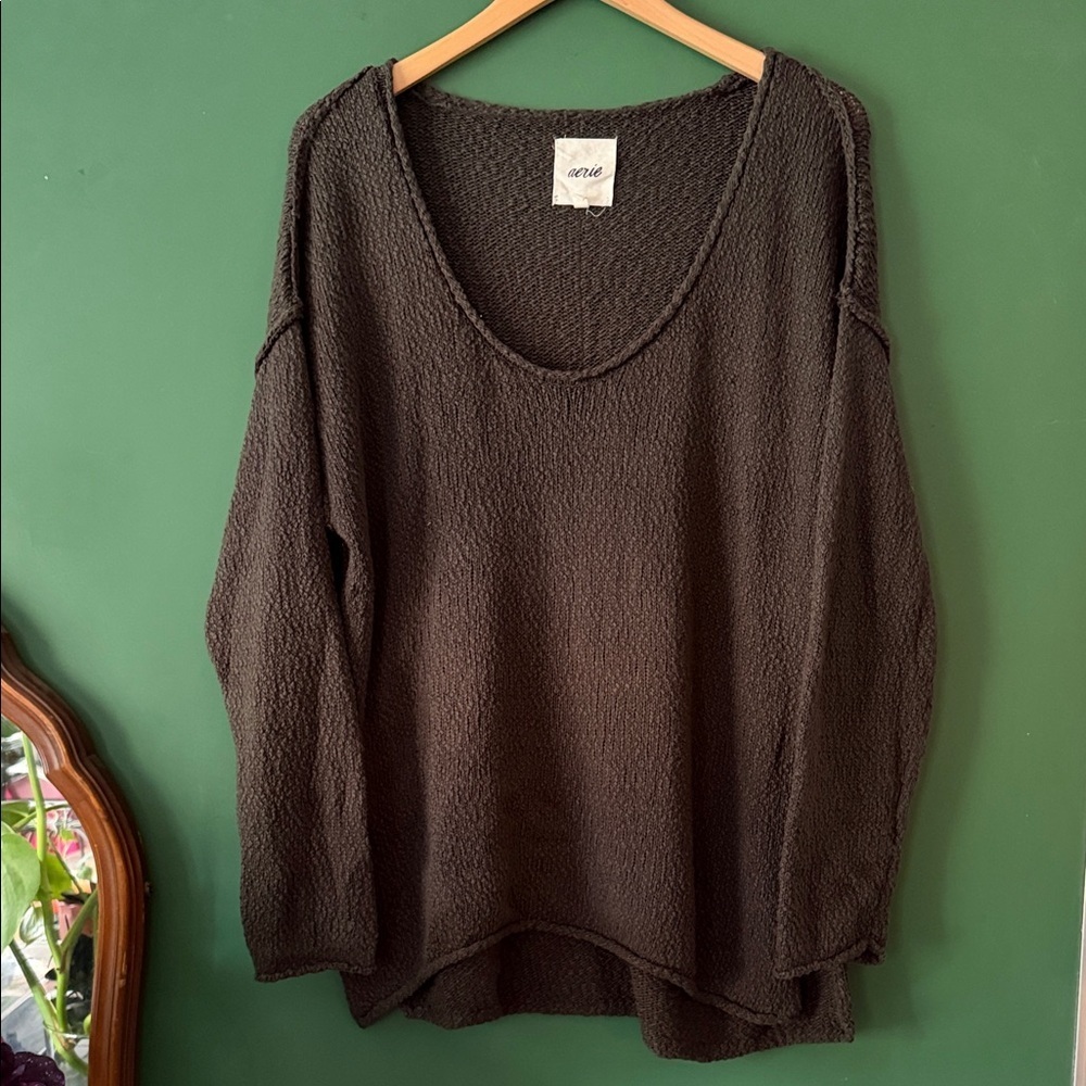 Aerie Dark Grey Oversized Scoop Neck Womens S Sweater with Roll Tab Details